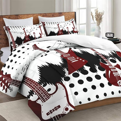 Queen Size Comforter Set with 2 Pillowcases, Guitar Rock Music 3 Pcs Bedding for Kids and Adults, Musical Play Soft Comforter Set for Bedroom Bed Decor