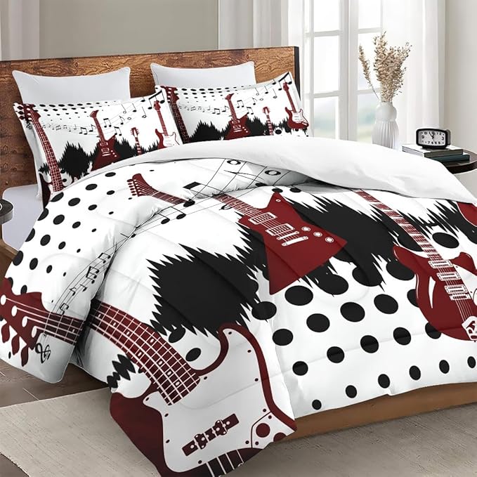 Full Size Comforter Set with 2 Pillowcases, Guitar Rock Music 3 Pcs Bedding for Kids and Adults, Musical Play Soft Comforter Set for Bedroom Bed Decor