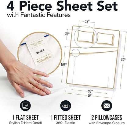 TEXAS LINEN CO. 100% Egyptian Cotton Sheets Queen Size - 1500 Thread Count 4 PC Damask Sheet Set, Sateen Luxury Sheet Queen Size, High Thread Count Sheets, Fits Upto 19" Deep Pocket, White Stripe