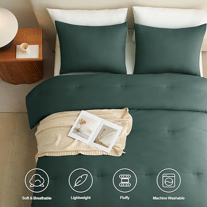 CozyLux King Size Comforter Set Forest Green, 3 Pieces Solid Comforters King Size Breathable Quilted Bedding Sets, Luxury Soft Lightweight Bed Set with Down Alternative Comforter and 2 Pillowcases