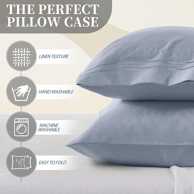 Vonty 2 Pack Standard Pillow Cases - 20x26 Inch, 1800 Thread Count Microfiber Pillowcases Standard Size Grey Pillow Cases Luxury & Soft Embroidered Bed Pillow Covers with Envelope Closure