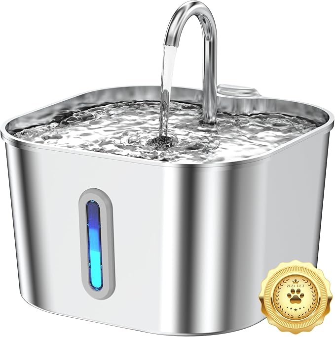 Stainless Steel Cat Water Fountain - 74oz/2.2L Cat Drinking Fountain | Quiet Cat Fountain for Indoor Cats and Small Dogs, Automatic Pet Water Dispenser Keeps Fresh Water, Water Level Window