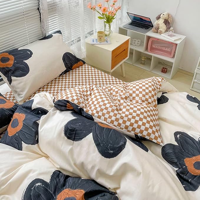 CLOTHKNOW Black Sunflower Queen Comforter Set Floral Bedding Comforter Sets Brown Plaid Comforter Soft Botanical Queen Comforter with 2 x Pillow Cases