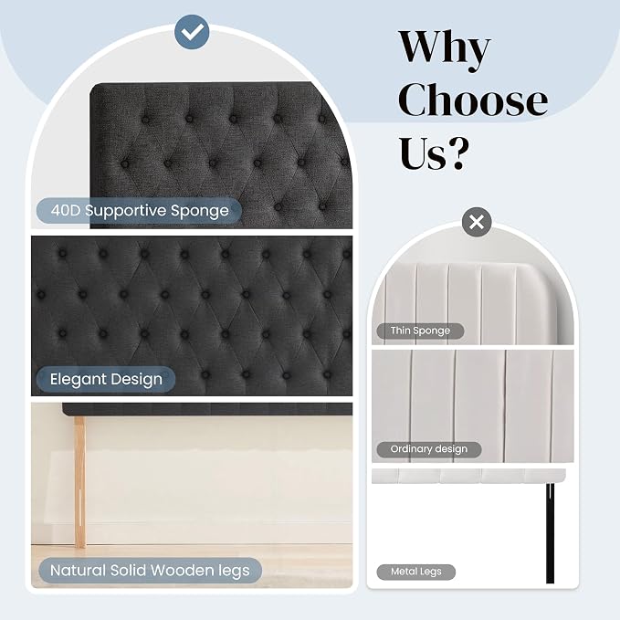 Upholstered Queen Headboard Only, Premium Linen Button Tufted Headboards, Adjustable Solid Wood Head Board, Padded Headboard with Solid Wood Legs in Bedroom (Dark Gray)