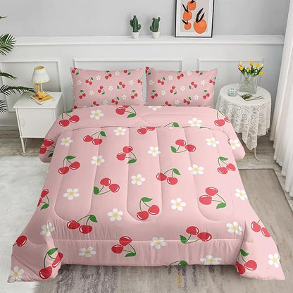 Pink Kawaii Bedding Set for Girls,3Pcs Cute Cartoon Fruit Printed Bedding Full Size,Cherries and Flowers Comforter for Kids Girls Women,Lovely Pink Floral Comforter Set 1 Quilt 2 Pillowcases