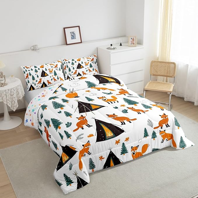 Feelyou Camping Comforter Set King Size Fox Comforter Camper Accessories for Travel Trailers Bedding Set Cute Duvet Set Room Decor Wool White Quilt Set