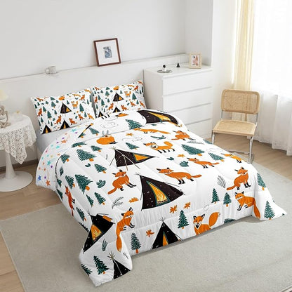 Feelyou Camping Comforter Set Toddler Size Fox Comforter Camper Accessories for Travel Trailers Bedding Set Cute Duvet Set Room Decor Wool White Quilt Set