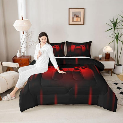 Feelyou Boys Gamer Comforter Set King Size Gaming Bedding Set Kids Video Games Comforter for Teen Child Gamer Room Decor Super Soft Red Black Bed Set Microfiber Game Geometric Duvet Quilted Gamer Gift