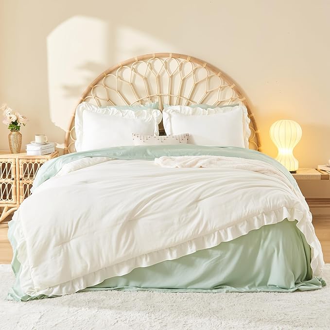 Litanika Twin Comforter Set Ivory, 2 Pieces Beige Ruffle Farmhouse Aesthetic Bedding Comforter Set, Lightweight Fluffy Microfiber Bed Set (66x90In Comforter, 1 Pillowcase)