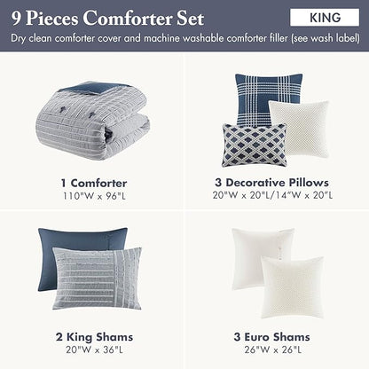 Madison Park Comforter Cotton Clipped Jacquard, Oversized Comforters King Size Bed, All Season Down Alternative Overfilled King Size Comforter, Essence, King/Cal King, Blue 9 Piece