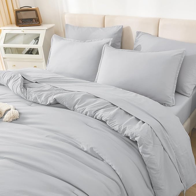 Litanika California King Comforter Set Light Grey - 7 Pieces Bed in a Bag Cal King Bedding Comforter Sets, Plain Lightweight Bed Set with Comforter, Sheets, Pillowcases & Shams