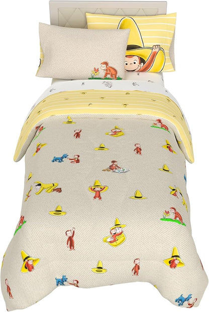 Curious George Bedding Set, Twin Size 5 Piece Set Kids Super Soft Cozy Reversible Comforter and Sheet Set with Sham, (100% Officially Licensed Product) by Franco