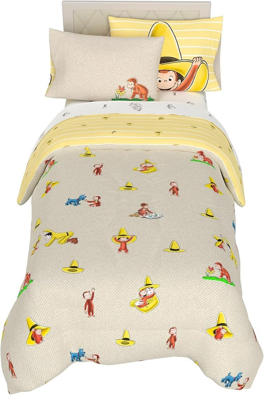 Curious George Bedding Set, Twin Size 5 Piece Set Kids Super Soft Cozy Reversible Comforter and Sheet Set with Sham, (100% Officially Licensed Product) by Franco