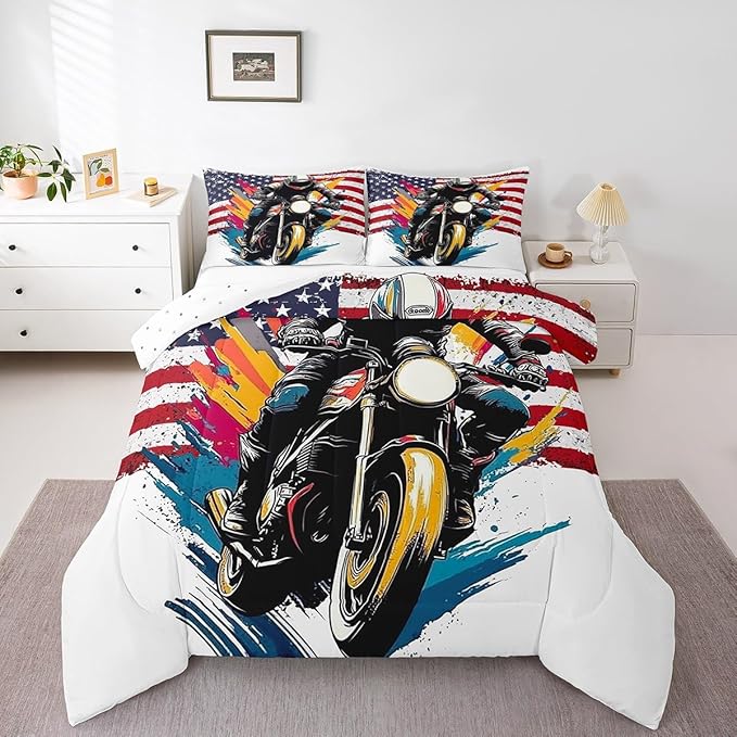 Feelyou Dirt Bike Comforter Set Toddler Size American Flag Comforter Extreme Sports Bedding Set Racing Motocross Rider Duvet Set Room Decor White Quilt Set