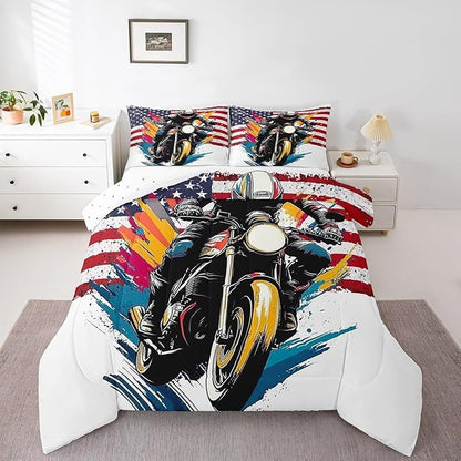 Feelyou Dirt Bike Comforter Set Toddler Size American Flag Comforter Extreme Sports Bedding Set Racing Motocross Rider Duvet Set Room Decor White Quilt Set