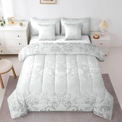 Erosebridal Gothic Damask Bed in a Bag King Size Comforter Set 7 Pieces,Butterfly Skull Bedding Sets Silver White Victorian Floral Goth Sheet Set with Comforter