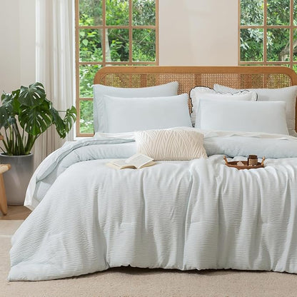 Queen Comforter Set Glacier Blue, 3 Pieces Double-Layer Crinkle Gauze Soft Bedding for All-Season Lightweight Warmth with 2 Pillowcases