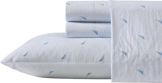 Nautica - Queen Sheets, Cotton Percale Bedding Set, Casual Bedding Set (Boat Stripe Pale Blue, Queen)