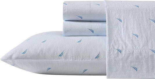 Nautica - Twin Sheets, Cotton Percale Bedding Set, Fully Elasticized, Ideal Dorm Essentials (Boat Stripe Pale Blue, Twin)