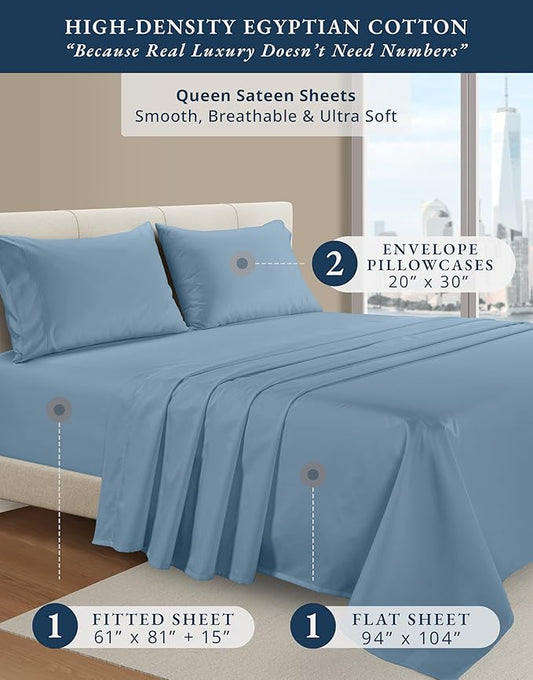 LANE LINEN 100% Egyptian Cotton Queen Sheet Set, Soft & Comfy Thick Fully Elasticized Mercerized Cotton Sheets Queen Size Set, No Pill Fade Resistant - Mountian Spring