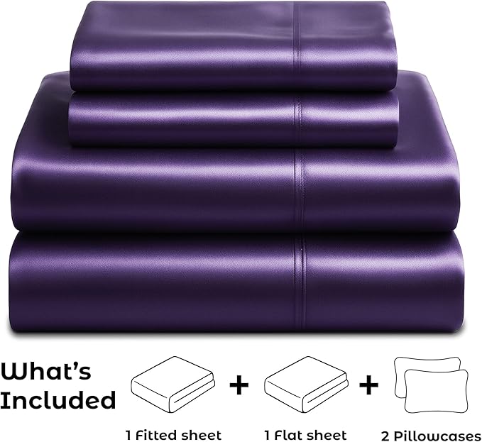 Satin Sheets King [4-Piece, Purple] Hotel Luxury Silky Bed Sheets - Extra Soft 1800 Microfiber Sheet Set, Wrinkle, Fade, Stain Resistant - Deep Pocket Fitted Sheet, Flat Sheet, Pillow Cases