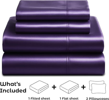 Satin Sheets King [4-Piece, Purple] Hotel Luxury Silky Bed Sheets - Extra Soft 1800 Microfiber Sheet Set, Wrinkle, Fade, Stain Resistant - Deep Pocket Fitted Sheet, Flat Sheet, Pillow Cases