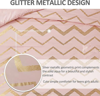 Menghomeus Pink Comforter Set King Size Metallic Blush and Rose Gold Bed Comforter 4 Piece Soft Microfiber Bedding for Teen Girls Women (2 Pillow Shams + 1 Decorative Pillow Sham)