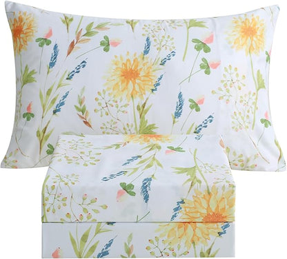 JSD Yellow Floral Printed Sheet Set Twin Size, 3 Piece Soft Botanical Microfiber Bedding Sheets Extra Deep Pocket