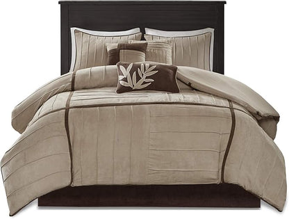 Madison Park Cozy Comforter Set Casual Blocks Design All Season, Matching Bed Skirt, Decorative Pillows, Queen(90"x90"), Dune Suede, Beige Brown, 7 Piece