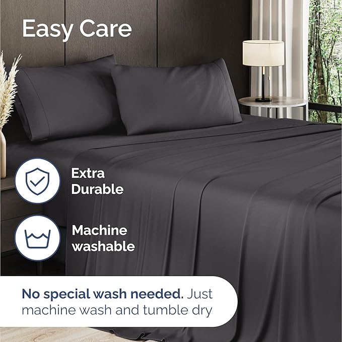 100% Rayon Derived From Bamboo - Bamboo Sheets Cal King Size - Cooling Sheets for Cal King - Ultra Soft Hotel Luxury Bedding - 1 Flat & 1 Fitted & 2 Pillowcases with 16 Inch Deep Pockets - Dark Grey