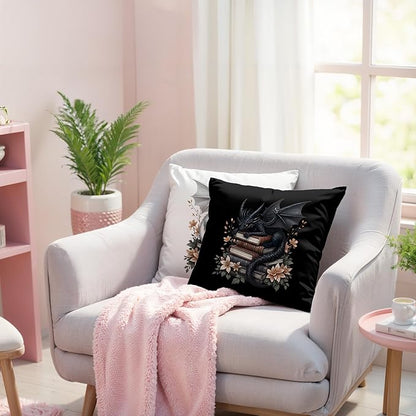 Vintage Magical Black White Dragon Reading Book Decor Throw Pillow Covers 18x18 Set of 2, Fantasy Room Decor for Kids, Gamers, and Bookworms,Reading Nook Decor, Gifts for Bookworm Readers(78)