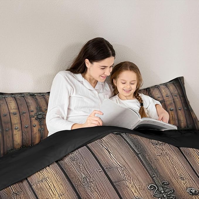 Castle Fairy Medieval Themed Wall Comforter Set Toddler Size,Knight Walls Bedding Set for Kids Teens,Retro Wooden Board Down Comforter,2 Pcs 1 Pillowcase