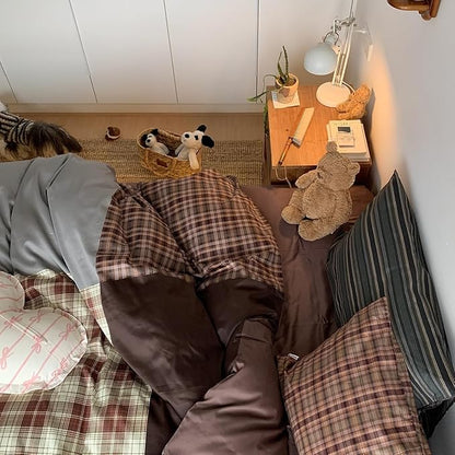 Nayoroom Plaid Duvet Cover Queen Size Vintage Brown Patchwork Checkered Duvet Cover Dorm Bedding Set 3 Pieces Soft Lightweight Washed Microfiber Farmhouse Bedding Set Gifts for Women Men