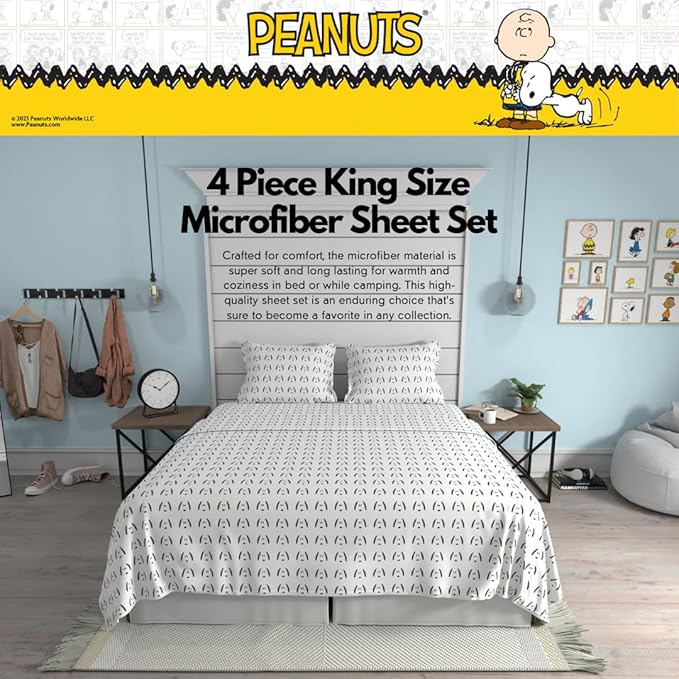 Collectibles Peanuts Snoopy Bedding Super Soft Cozy Microfiber 4 Piece King Sheet Set, (Officially Licensed Product) By Franco