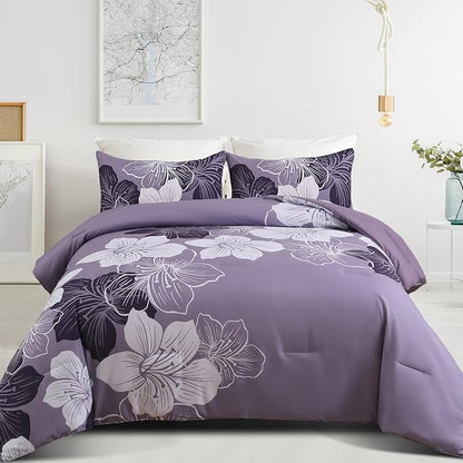 Menghomeus Dark Purple Comforter Set Full Floral Bedding Comforter Sets - Soft Microfiber Bed Set for All Season 3 Piece Botanical Flowers Comforter, Pillowcases