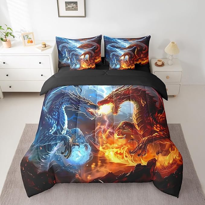 Feelyou Medieval Dragon Comforter Set 7 Pieces Full Size Lightning Fire Pattern Bedding Set for Boys Girls Ancient Wildlife Bed in a Bag with Comforter, Sheets, Pillowcases & Cushion Covers