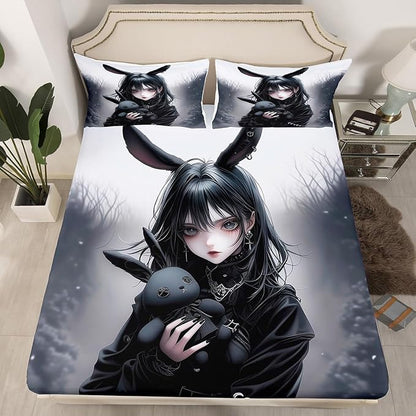 Anime Girl Bed Sheets,Anime Gifts Queen Fitted Sheet for Girls Women,Gothic 3D Japanese Girl Sheets,Black Gothic Bed Set Exotic Rabbit Printed Bedding Set