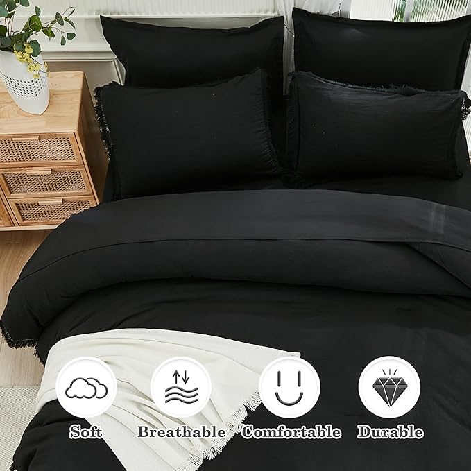 Andency Black Queen Size Comforter Set with Sheets - 7 Pieces Boho Tassel Bed in a Bag Soft Lightweight Bedding Sets, Black Fringe Bed Set with Comforter, Sheets, Pillowcases & Shams