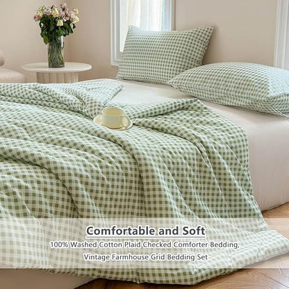 NSNLGSGC Sage Green Gingham Cotton Comforter Set King, 100% Washed Cotton Green Plaid Checked Comforter Bedding, 3 Pieces Vintage Farmhouse Grid Bedding Set(Sage Green Gingham, King)