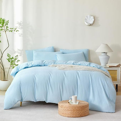 Comforter King Set Light Blue Striped Soft Luxury Washed Microfiber Jacquard 3 Pieces Bedding, Blue Vertical Ticking Stripes Pattern Comforter with 2 Pillowcases Breathable Durable Comfy