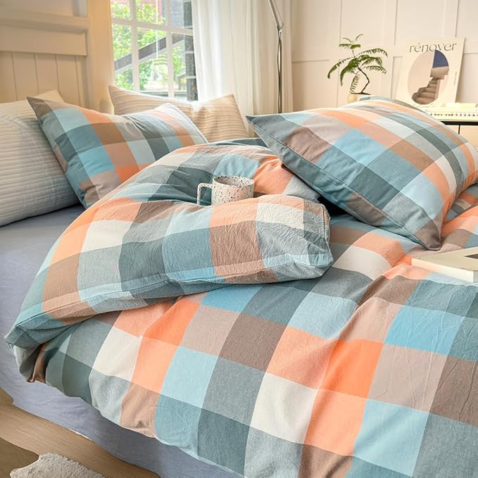 FACE TWO FACE Bedding Duvet Cover Set100% Washed Cotton Duvet Cover Linen Like Textured Breathable Durable Soft Comfy (Queen, Yunxi Powder)