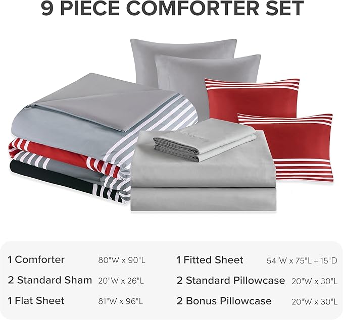 Comfort Spaces Comforter Sets with Sheets - Bed in a Bag 9 Pieces Teen Bedding Sets , Red and Grey Stripes Bedding Full, College Full Bed Set with 2 Side Pockets Bedroom Organizer