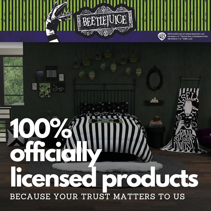 Franco Collectibles Beetlejuice Halloween Striped Bedding 5 Piece Super Soft Reversible Comforter and Sheet Set, Queen, (Officially Licensed Product)
