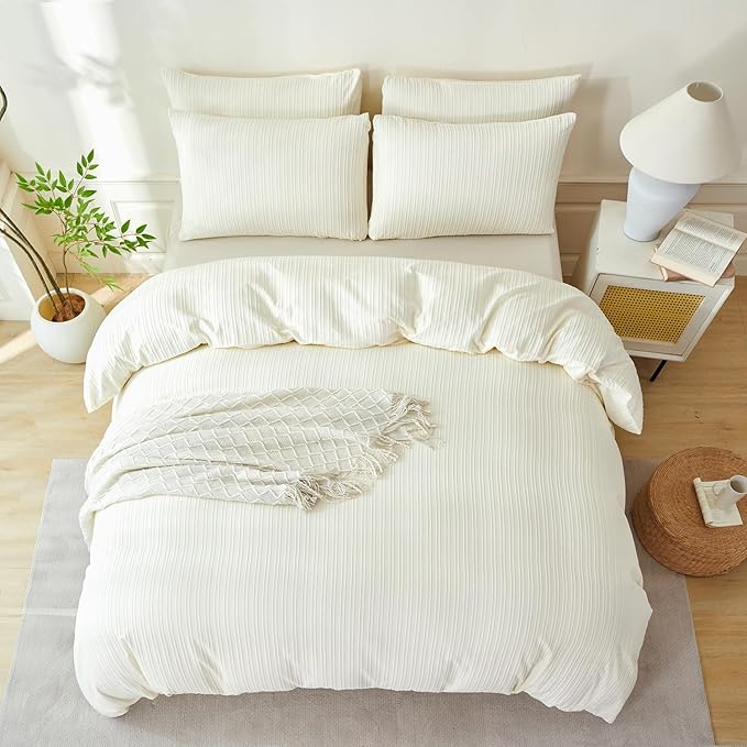 Comforter Set Queen Size Striped Soft Luxury Washed Microfiber Jacquard 3 Pieces Bedding, White Beige Vertical Ticking Stripes Comforter with 2 Pillowcases Breathable Durable Comfy