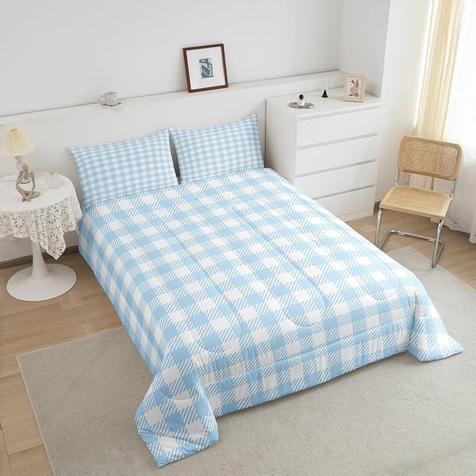 Manfei Blue Plaid Bedding Set King Size Buffalo Check Plaid Comforter Classic Gingham Pattern Comforter Set Blue White Scottish Duvet Set 3Pcs Quilt Set 1 Comforter Set with 2 Pillowcase