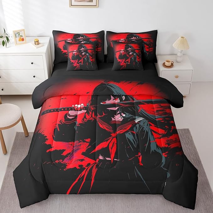Erosebridal Japanese Anime Bedding Set 7 Piece for Kids, Anime Girl Comforter Sets Twin Size Japanese Girl Sheet Set for Girls Teens Adult, Kawaii Animation Red Black Bed in A Bag, Machine Washable