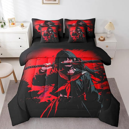 Erosebridal Japanese Anime Bedding Set 7 Piece for Kids, Anime Girl Comforter Sets Full Size Japanese Girl Sheet Set for Girls Teens Adult, Kawaii Animation Red Black Bed in A Bag, Machine Washable