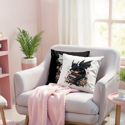 Vintage Magical Black White Dragon Reading Book Decor Throw Pillow Covers 18x18 Set of 2, Fantasy Room Decor for Kids, Gamers, and Bookworms,Reading Nook Decor, Gifts for Bookworm Readers(78)