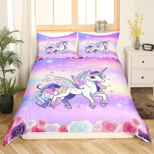 Kids Girls Unicorn Bedding Set Pink Purple Rainbow Duvet Cover Set Cartoon Unicorn Comforter Cover Rose Flowers Bedspread Cover Bedroom Quilt Cover Full with 2 Pillowcase,No Comforter