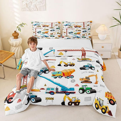 Construction Bedding Set Kids Cartoon Car Comforter Set Equipment Trucks Excavators Down Comforter King Bedroom Decor Vehicle Construction Site Car Duvet Insert With 2 Pillow Cases, Yellow White
